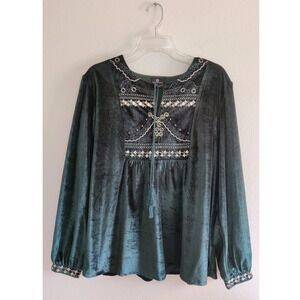 Curations Womens XL Emerald Green Velvet Embroidered Sequin Tassel Blouse Boho